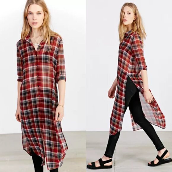 BDG Long Plaid Button-Down Shirt / Tunic / Duster - Picture 1 of 7